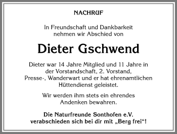 Traueranzeige von Dieter Gschwend von Allgäuer Anzeigeblatt