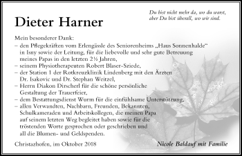 Traueranzeige von Dieter Harner von Der Westallgäuer