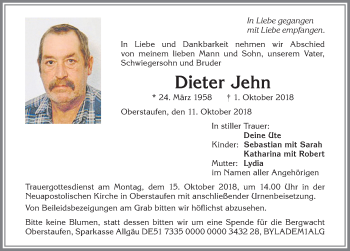 Traueranzeige von Dieter Jehn von Allgäuer Anzeigeblatt