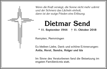 Traueranzeige von Dietmar Send von Allgäuer Zeitung,Kempten