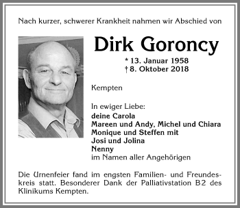 Traueranzeige von Dirk Goroncy von Allgäuer Zeitung,Kempten