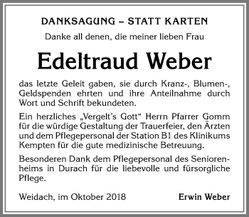 Traueranzeige von Edeltraud Weber von Allgäuer Zeitung,Kempten