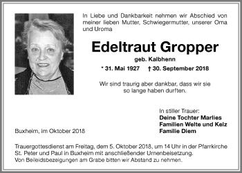 Traueranzeige von Edeltraut Gropper von Memminger Zeitung