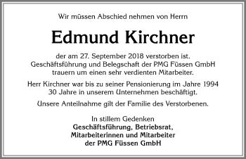 Traueranzeige von Edmund Kirchner von Allgäuer Zeitung, Füssen