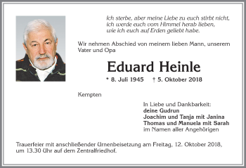 Traueranzeige von Eduard Heinle von Allgäuer Zeitung,Kempten