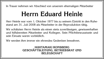 Traueranzeige von Eduard Heinle von Allgäuer Zeitung