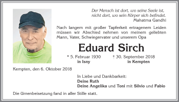 Traueranzeige von Eduard Sirch von Allgäuer Zeitung,Kempten
