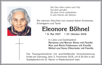 Traueranzeige von Eleonore Böhnel von Allgäuer Zeitung, Marktoberdorf