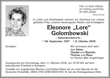 Traueranzeige von Eleonore Golombowski von Allgäuer Zeitung,Kempten