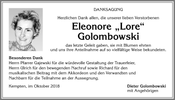 Traueranzeige von Eleonore Golombowski von Allgäuer Zeitung,Kempten