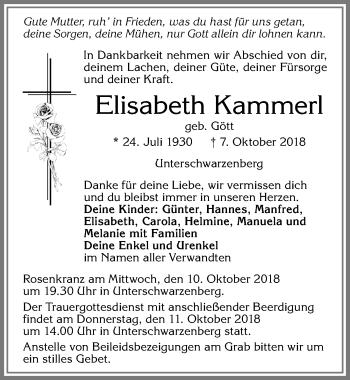 Traueranzeige von Elisabeth Kammerl von Allgäuer Zeitung,Kempten
