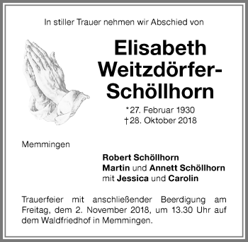 Traueranzeige von Elisabeth Weitzdörfer-Schöllhorn von Memminger Zeitung