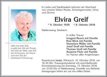 Traueranzeige von Elvira Greif von Allgäuer Zeitung,Kempten