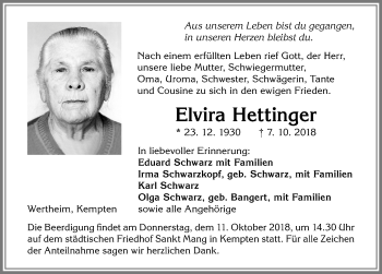 Traueranzeige von Elvira Hettinger von Allgäuer Zeitung,Kempten