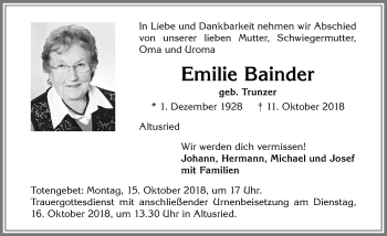 Traueranzeige von Emilie Bainder von Allgäuer Zeitung,Kempten
