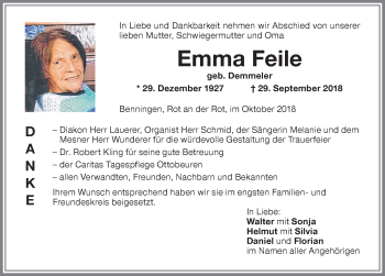Traueranzeige von Emma Feile von Memminger Zeitung