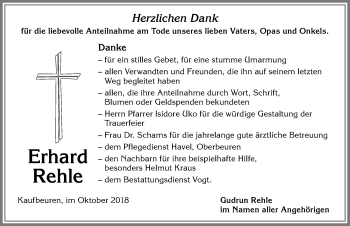 Traueranzeige von Erhard Rehle von Allgäuer Zeitung, Kaufbeuren/Buchloe