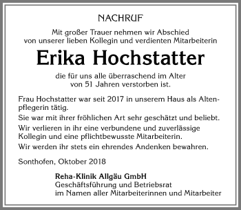 Traueranzeige von Erika Hochstatter von Allgäuer Anzeigeblatt