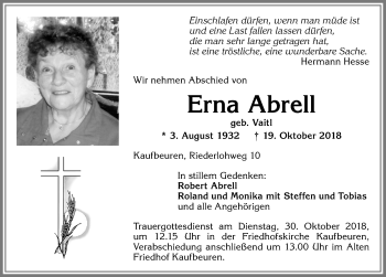 Traueranzeige von Erna Abrell von Allgäuer Zeitung, Kaufbeuren/Buchloe