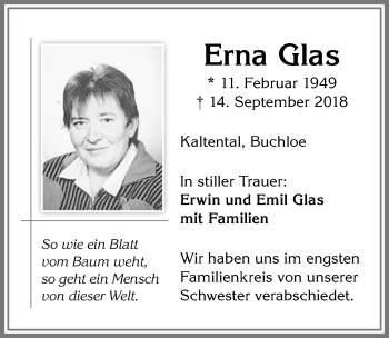 Traueranzeige von Erna Glas von Allgäuer Zeitung, Kaufbeuren/Buchloe
