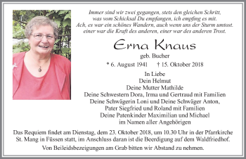 Traueranzeige von Erna Knaus von Allgäuer Zeitung, Füssen