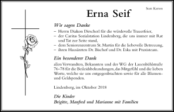 Traueranzeige von Erna Seif von Der Westallgäuer