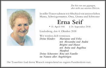 Traueranzeige von Erna Seif von Der Westallgäuer