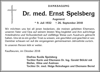 Traueranzeige von Ernst Spelsberg von Allgäuer Zeitung, Kaufbeuren/Buchloe