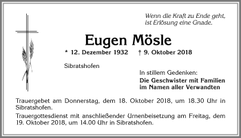 Traueranzeige von Eugen Mösle von Allgäuer Zeitung,Kempten