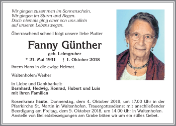 Traueranzeige von Fanny Günther von Allgäuer Zeitung,Kempten