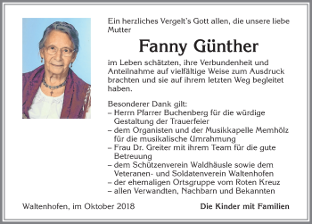 Traueranzeige von Fanny Günther von Allgäuer Zeitung,Kempten