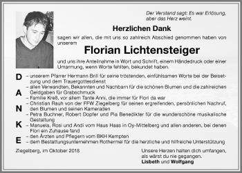 Traueranzeige von Florian Lichtensteiger von Memminger Zeitung