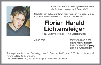 Traueranzeige von Florian Harald Lichtensteiger von Memminger Zeitung
