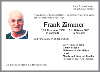 Traueranzeige von Frank Zimmer von Allgäuer Anzeigeblatt