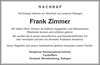 Traueranzeige von Frank Zimmer von Allgäuer Zeitung