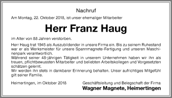Traueranzeige von Franz Haug von Memminger Zeitung