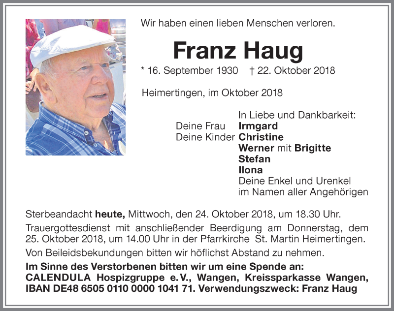  Traueranzeige für Franz Haug vom 24.10.2018 aus Memminger Zeitung