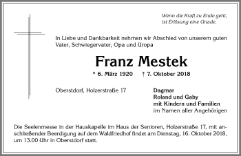 Traueranzeige von Franz Mestek von Allgäuer Anzeigeblatt