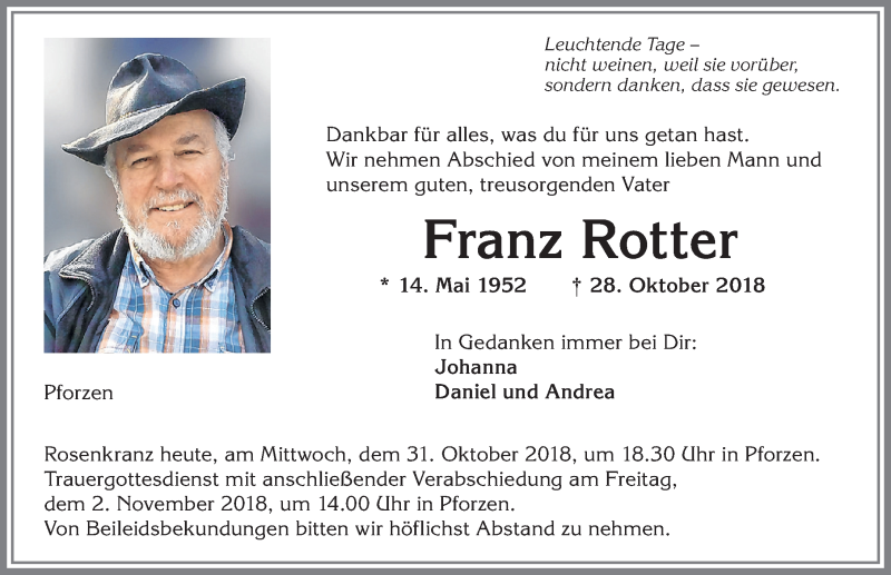 Traueranzeige für Franz Rotter vom 31.10.2018 aus Allgäuer Zeitung, Kaufbeuren/Buchloe