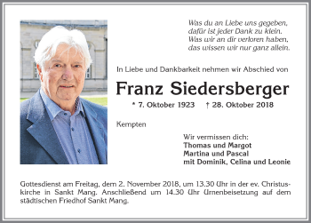 Traueranzeige von Franz Siedersberger von Allgäuer Zeitung,Kempten