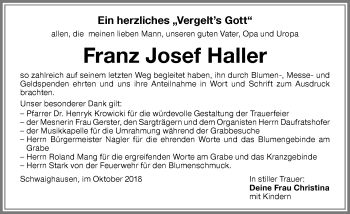 Traueranzeige von Franz Josef Haller von Memminger Zeitung