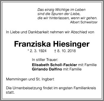 Traueranzeige von Franziska Hiesinger von Memminger Zeitung
