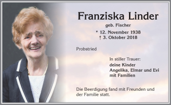Traueranzeige von Franziska Linder von Allgäuer Zeitung,Kempten