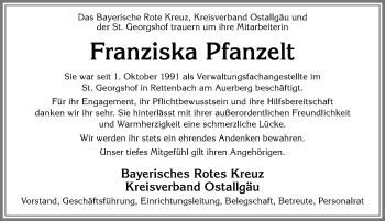 Traueranzeige von Franziska Pfanzelt von Allgäuer Zeitung, Marktoberdorf