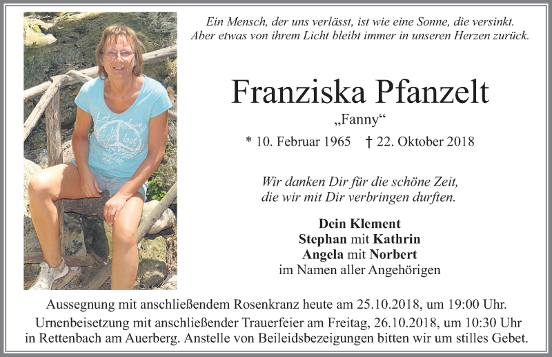  Traueranzeige für Franziska Pfanzelt vom 25.10.2018 aus Allgäuer Zeitung, Marktoberdorf