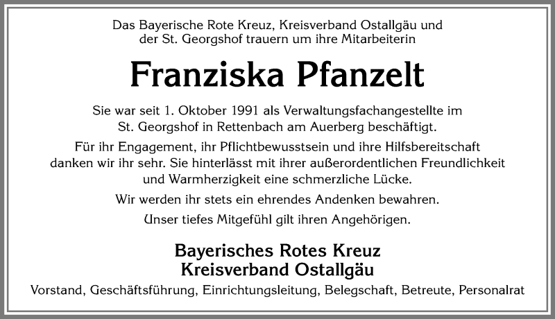  Traueranzeige für Franziska Pfanzelt vom 26.10.2018 aus Allgäuer Zeitung, Marktoberdorf