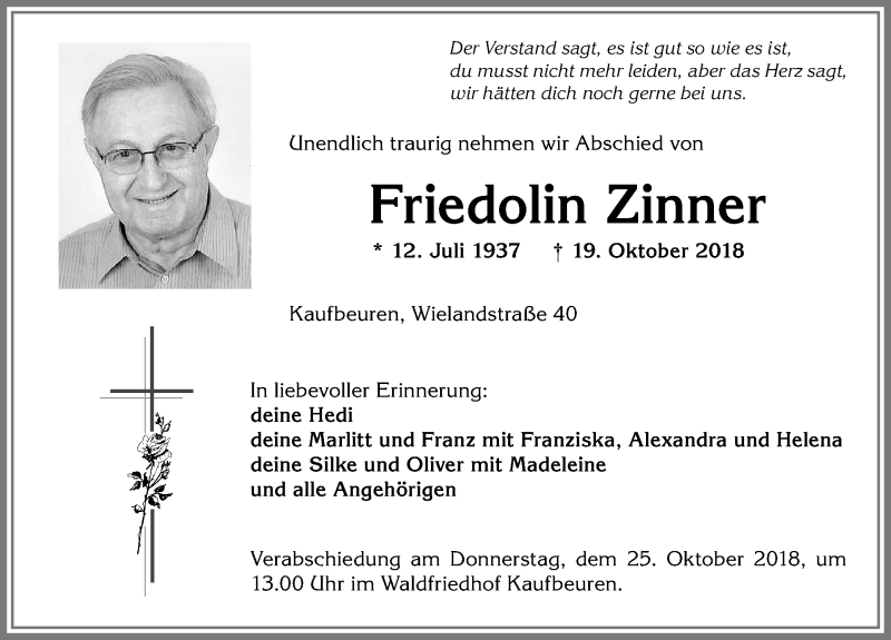  Traueranzeige für Friedolin Zinner vom 23.10.2018 aus Allgäuer Zeitung, Kaufbeuren/Buchloe