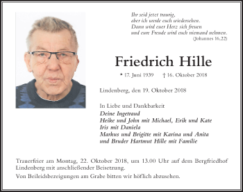 Traueranzeige von Friedrich Hille von Der Westallgäuer