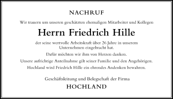 Traueranzeige von Friedrich Hille von Der Westallgäuer