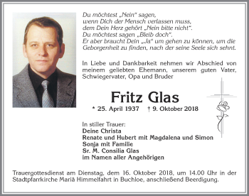 Traueranzeige von Fritz Glas von Allgäuer Zeitung, Kaufbeuren/Buchloe